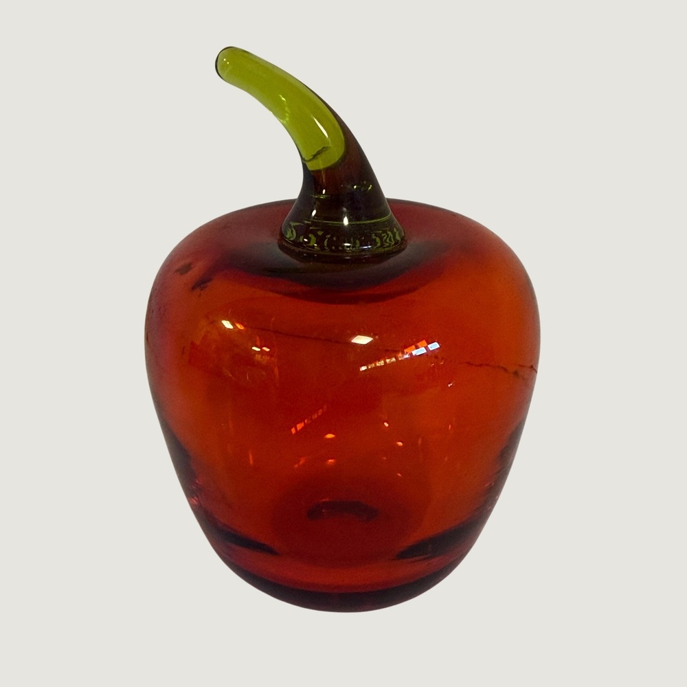 Vintage Hand Blown Art Glass Apple Paperweight Red with Green Stem Decor